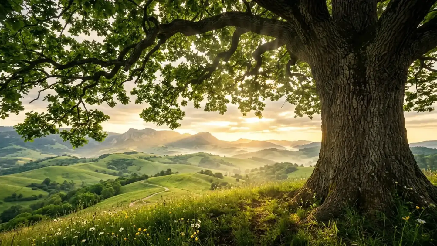 ViboFlow - Inspiring view beneath ancient tree overlooking rolling green hills at sunrise